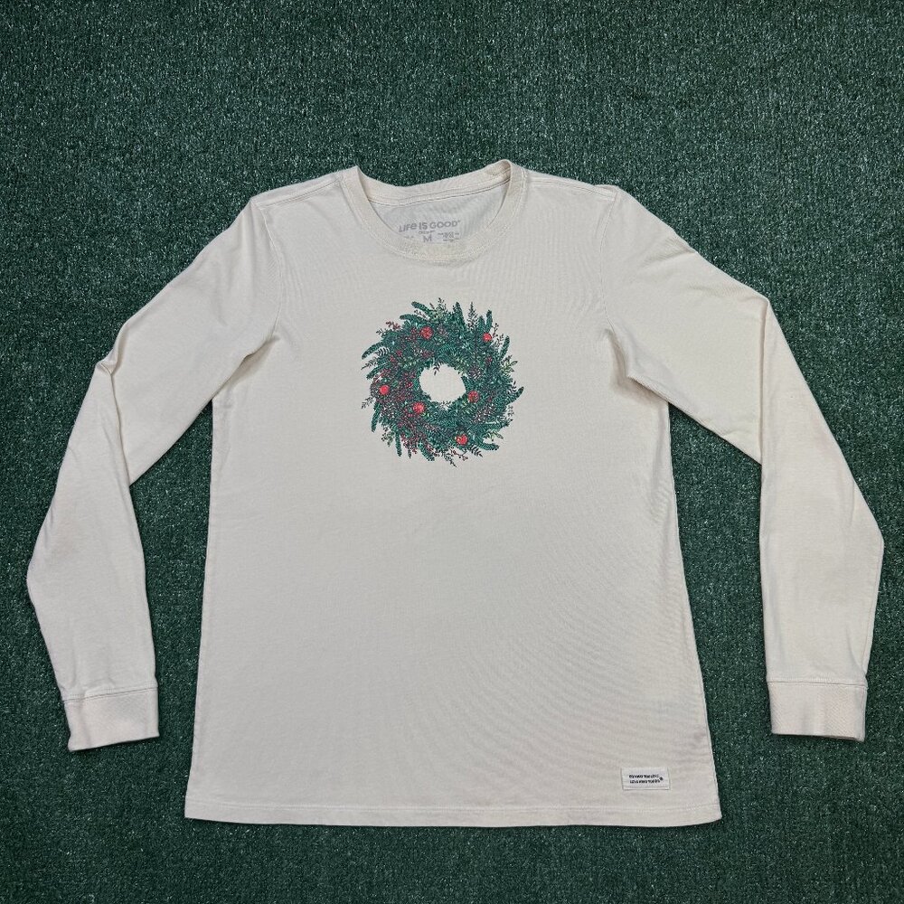Life Is Good Graphic T Shirt Women's Size M White Long Sleeve Crew Neck Casual